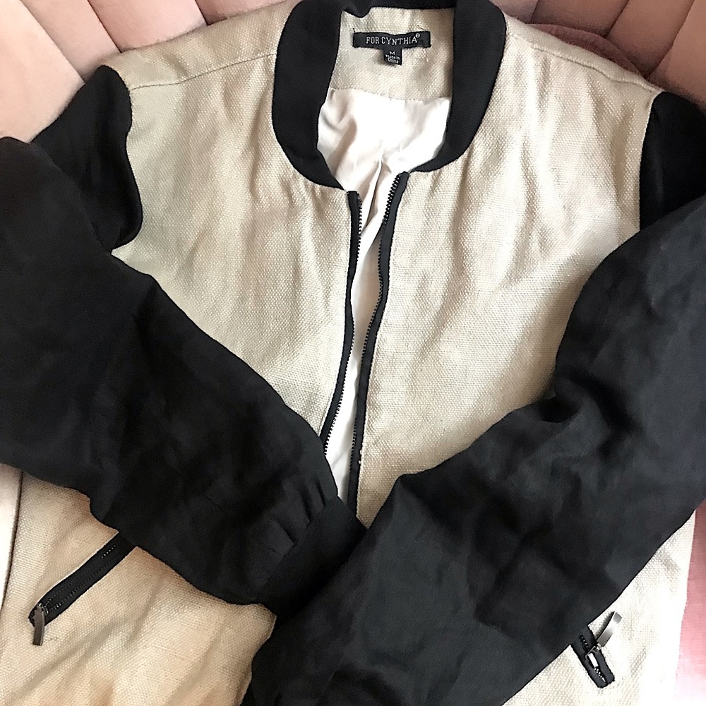 Tan and black linen bomber jacket